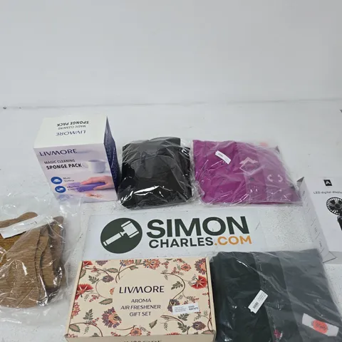 BOX OF APPROXIMATELY 15 ASSORTED ITEMS INCLUDING A PAMERA TOP, A LIVMORE AROMA AIR FRESHENER GIFT SET AND A LIVMORE MAGIC CLEANING SPONGE PACK