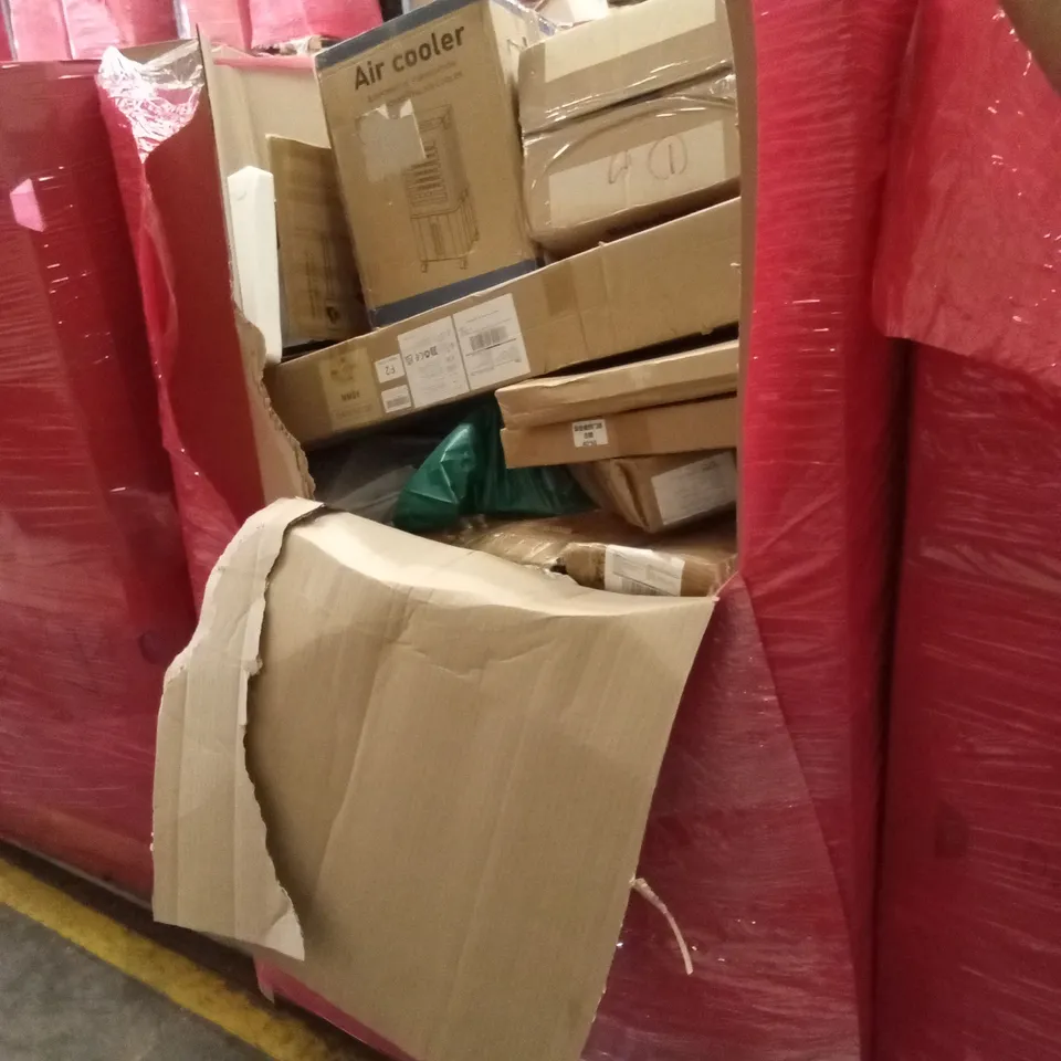 PALLET OF ASSORTED HOUSEHOLD GOODS AND PRODUCTS TO INCLUDE; AIR COOLER, PRESSURE WASHER, BOXED FURNITURE ETC 