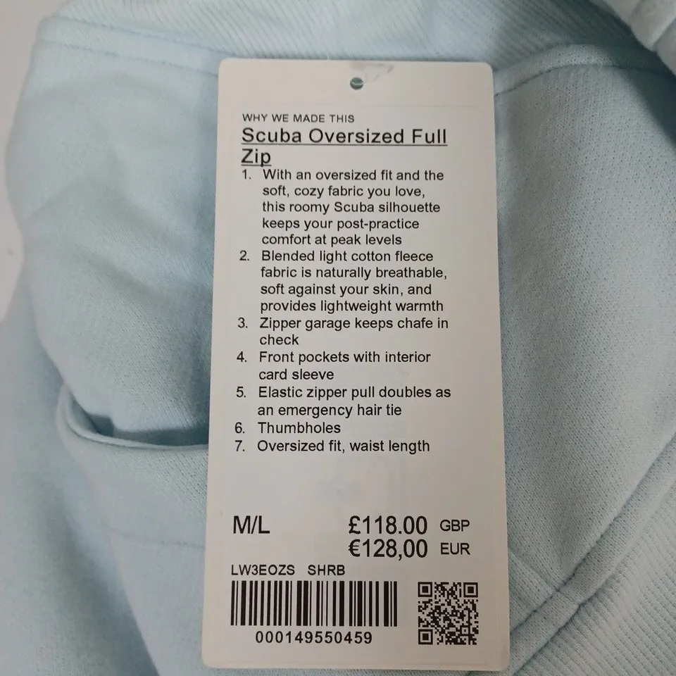 LULULEMON SCUBA OVERSIZED FULL ZIP SIZE M-L