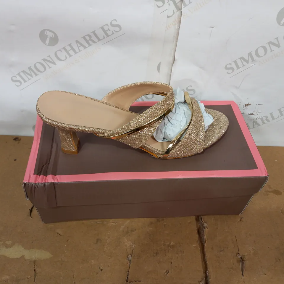 BOXED PAIR OF DESIGNER GOLD SPARKLE HEELED SANDALS SIZE 38