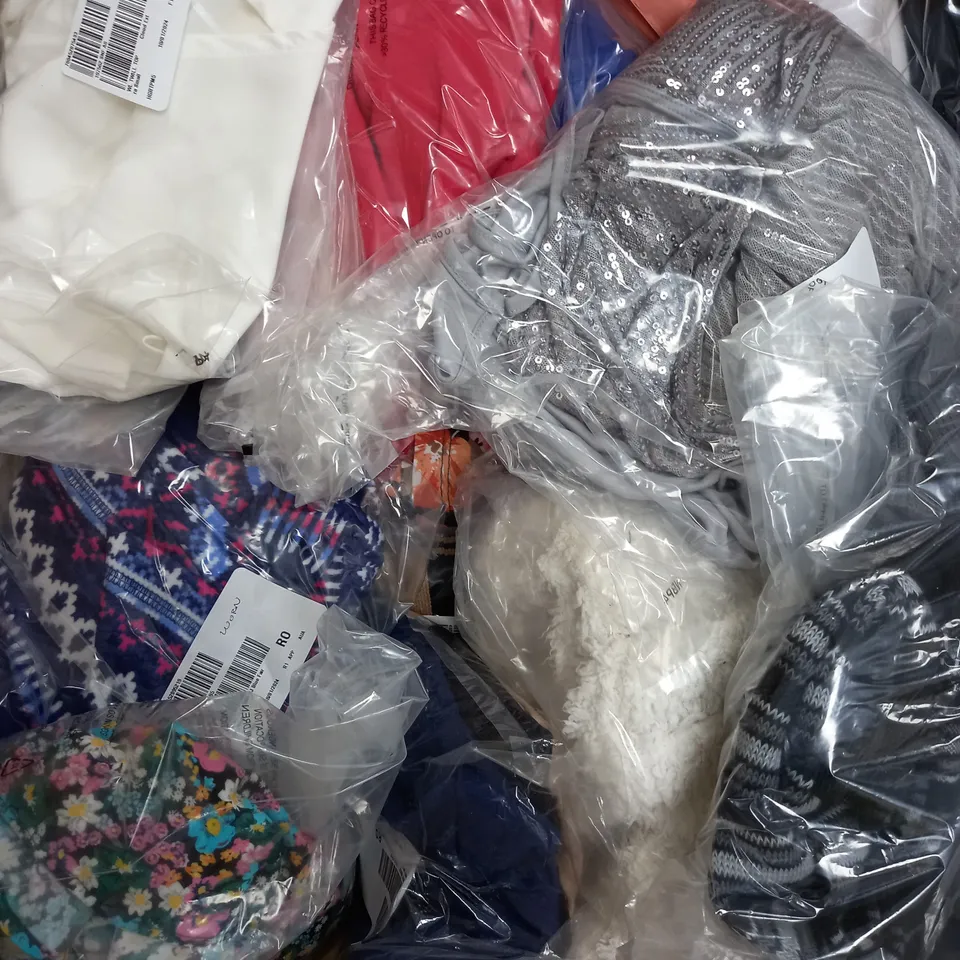 LARGE BOX OF APPROXIMATELY 40 CLOTHING ITEMS ALL IN DIFFRENT COLOURS AND SIZES 
