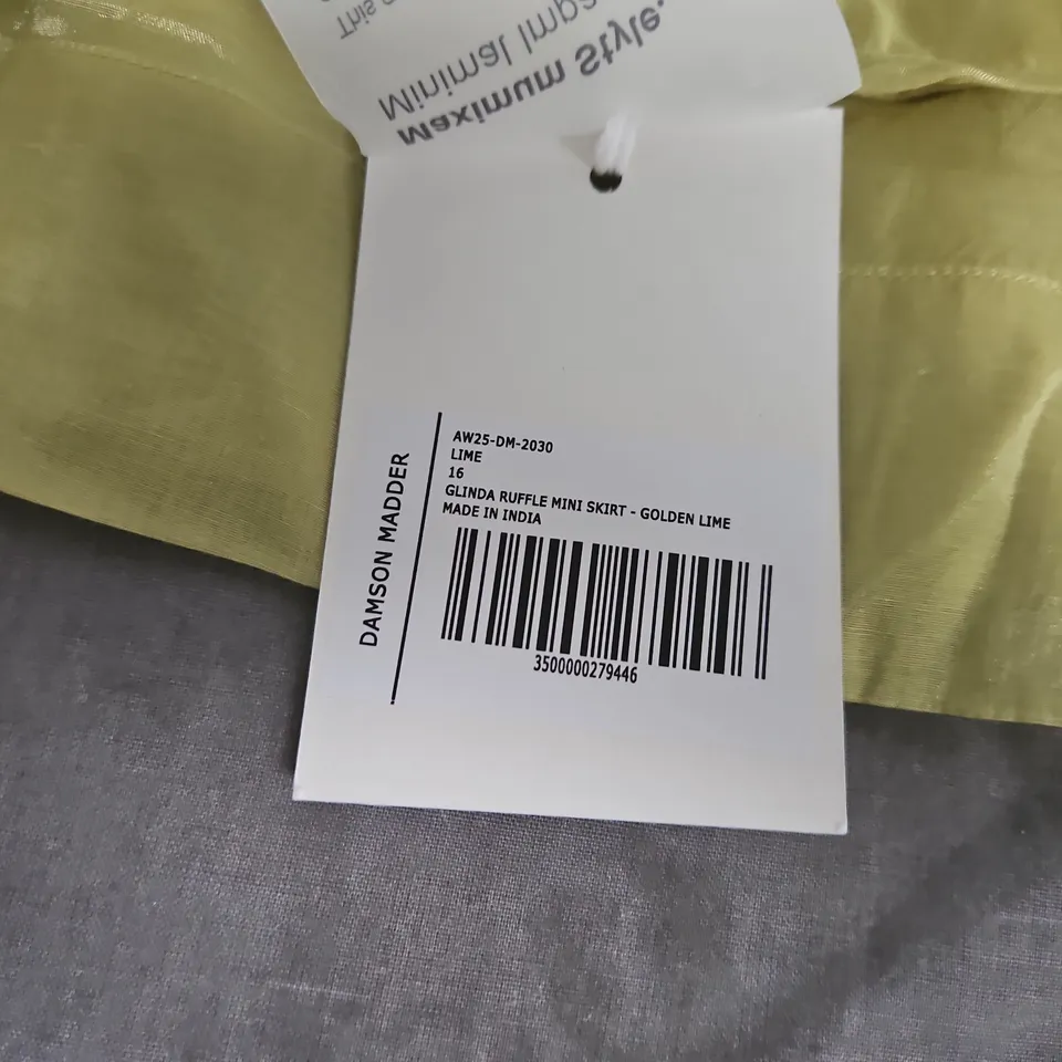 DAMSON MADDER GLINDA RUFFLE MINI SKIRT – GOLDEN LIME, UK SIZE 16