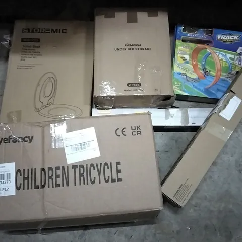 PALLET CONTAINING ASSORTED PRODUCTS INCLUDING TOILET SEAT, CHILDREN'S TRICYCLE, UNDER BED STORAGE, SLIMLINE HEATER & COAT RACK WITH HIDDEN HOOKS