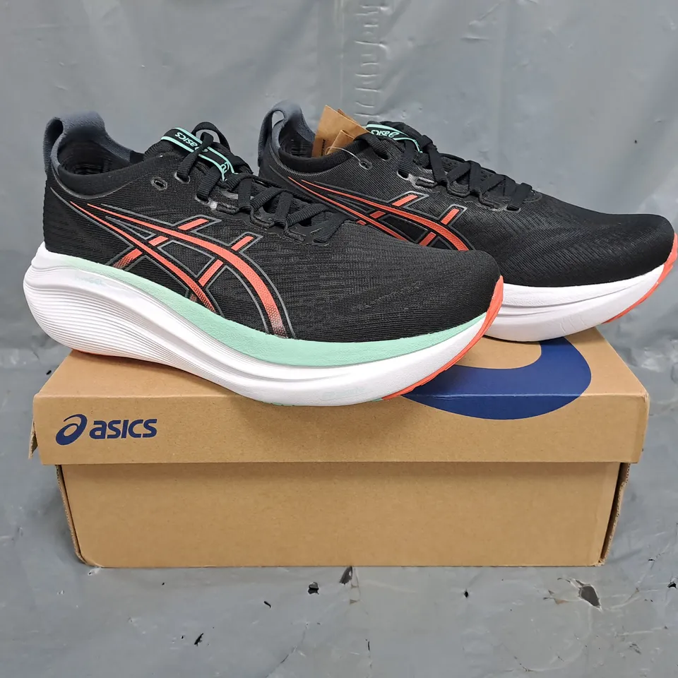BOXED PAIR OF ASICS GEL-NIMBUS 27 TRAINERS IN BLACK/CORAL SIZE UK 6