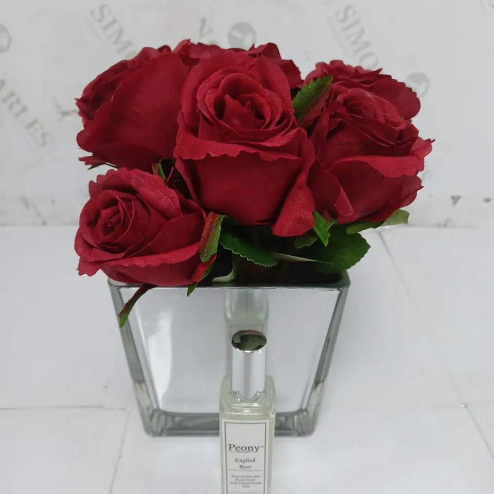 BOXED OUTLET PEONY RED ROSES IN A SMALL MIRROR GIFT BAG AND 25ML FRAGRANCE