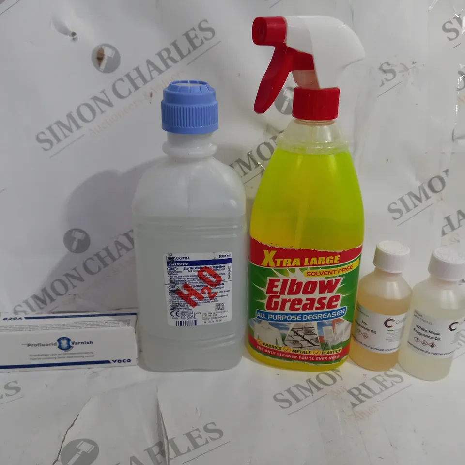 BOX OF APPROX 5 ASSORTED LIQUIDS TO INCLUDE - ELBOW GREASE - ARY FRAGRANCE OIL - WHITE MUSK FRAGRANCE OIL - BAXTER H20 ECT