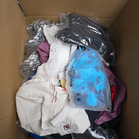 LARGE BOX OF APPROXIMATELY 20 ASSORTED CLOTHING ITEMS IN VARIOUS SIZES, STYLES AND COLOUR