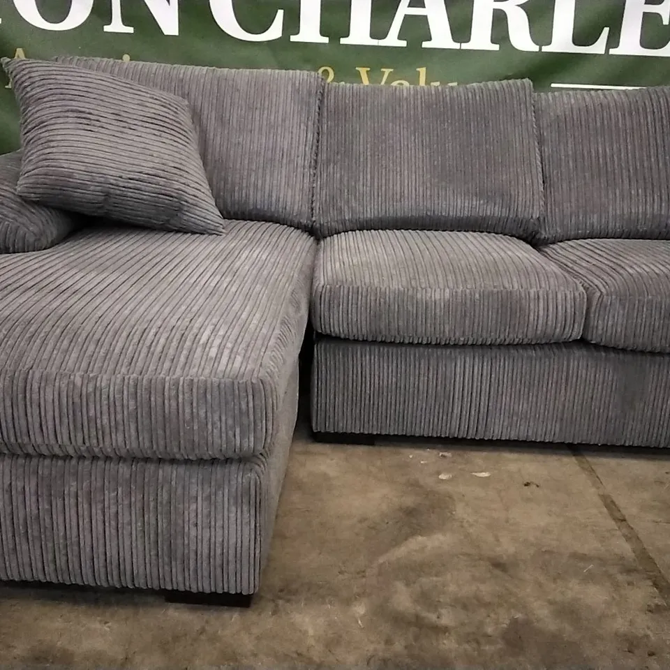 QUALITY DESIGNER JUMBO CORDED CHARCOAL GREY FABRIC L SHAPED CHAISE SOFA