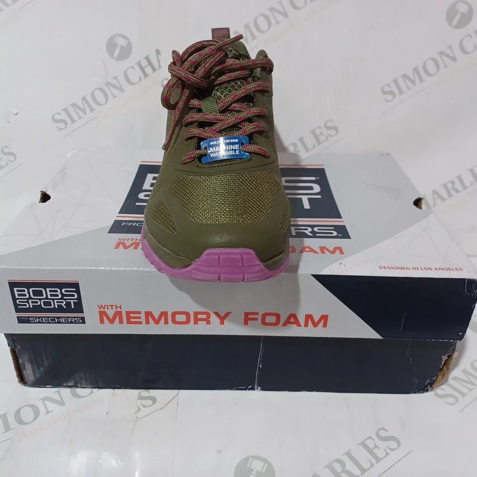 BOXED PAIR OF SKECHERS BOBS SPORT TRAINERS IN OLIVE SIZE 3