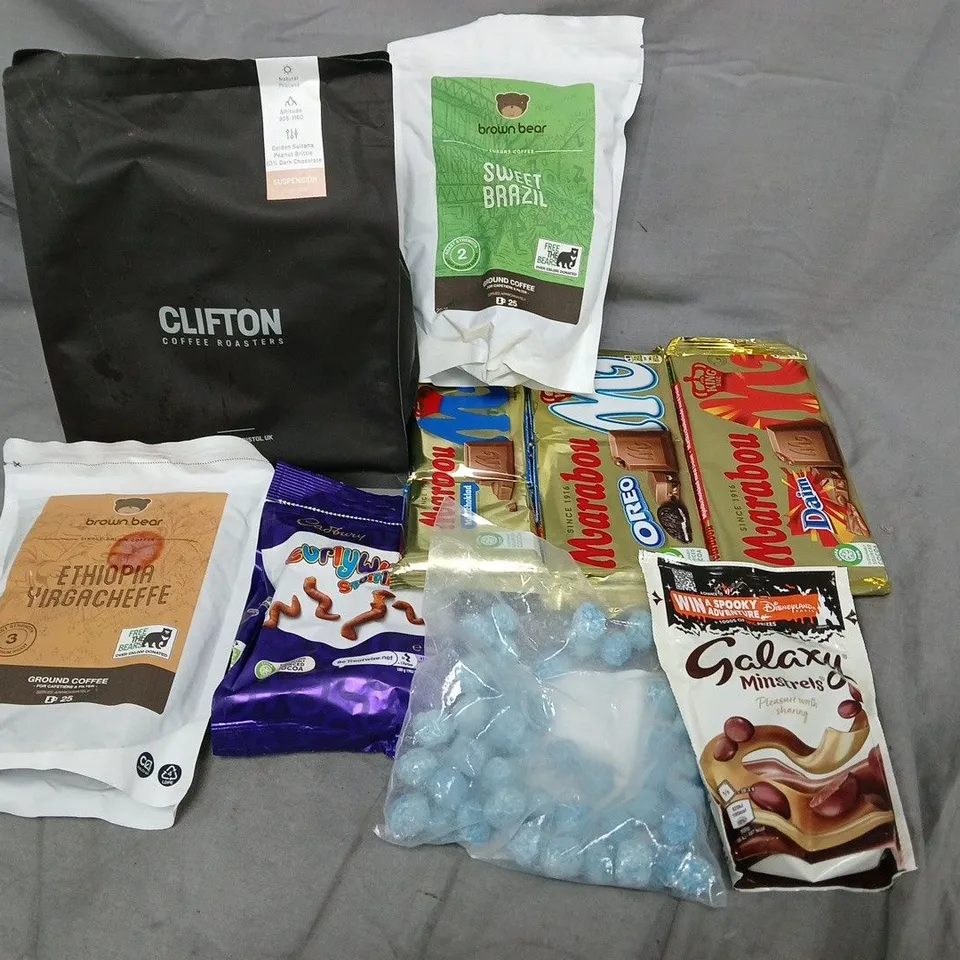 APPROXIMATELY 10 ASSORTED FOOD ITEMS TO INCLUDE CLIFTON COFFEE, BONBONS, AND ASSORTED CHOCOLATES