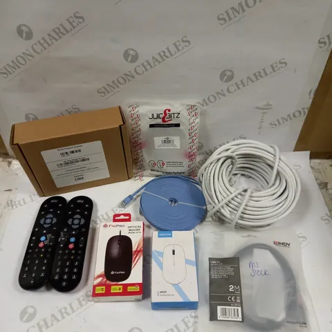 BOX OF APPROXIMATELY 20 ASSORTED ELECTRICAL ITEMS TO INCLUDE ETHERNET CABLES, SKY REMOTES, OPTICAL MICE ETC