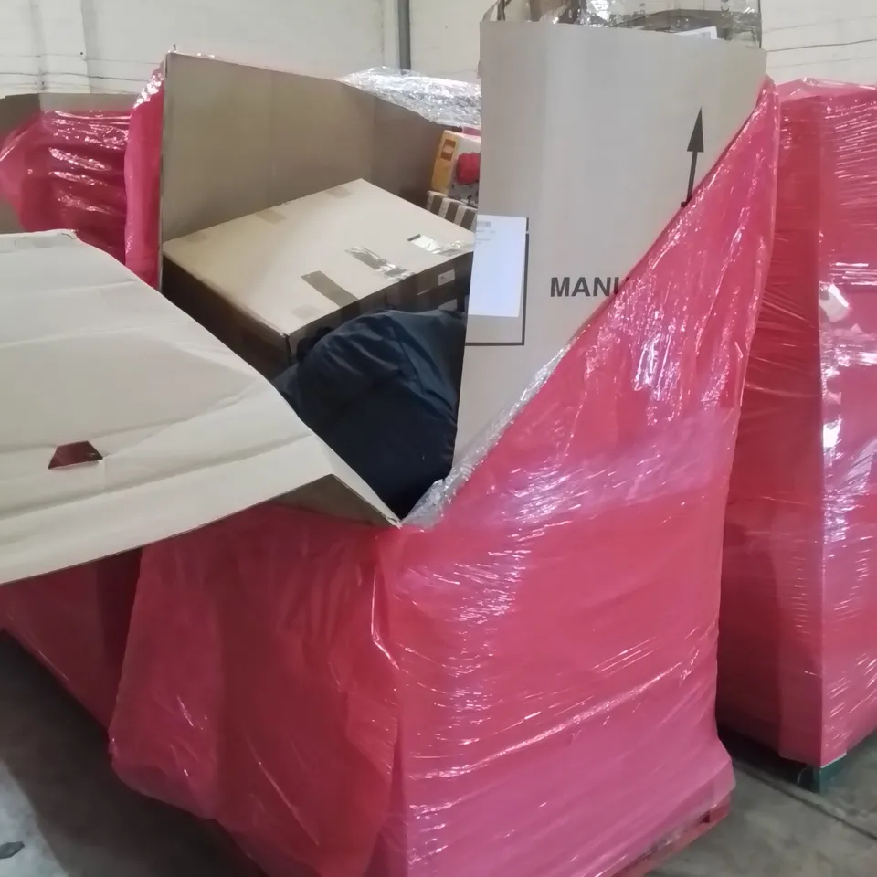 PALLET OF ASSORTED HOUSEHOLD GOODS AND PRODUCTS TO INCLUDE; LEGO STORAGE BRICKS, TOILET SEATS, BOXED FURNITURE ETC 