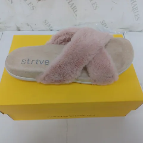 BOXED PAIR OF STRIVE SANDALS WITH PINK FAUX FUR STRAP SIZE UK 6