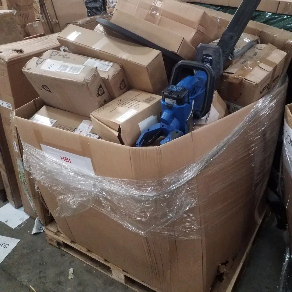 PALLET CONTAINING ASSORTED PRODUCTS INCLUDING HEDGE TRIMMER, FAUNA FOUNTAIN, SHOWER CURTAIN RAIL & EXPANDABLE GARDEN HOSE