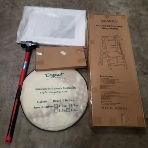PALLET CONTAINING ASSORTED PRODUCTS INCLUDING NURSERY STEP STOOLS, AUTOMATIC MOSQUITO NET, SLEDGEHAMMER, WINDOW SQUEEGEE & PICTURE FRAME