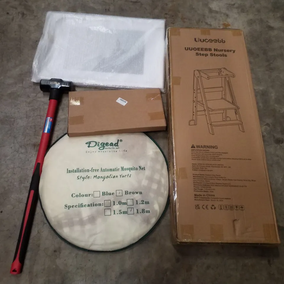 PALLET CONTAINING ASSORTED PRODUCTS INCLUDING NURSERY STEP STOOLS, AUTOMATIC MOSQUITO NET, SLEDGEHAMMER, WINDOW SQUEEGEE & PICTURE FRAME