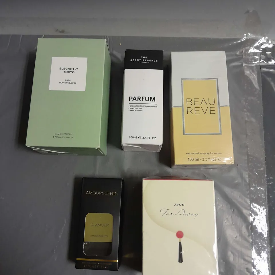BOX OF APPROXIMATELY 5 ASSORTED BOXED FRAGRANCES TO INCLUDE - ZARA ELEGANTLY TOKYO - BEAU REVE PARFUM SPRAY - AVON FAR AWAY - ETC