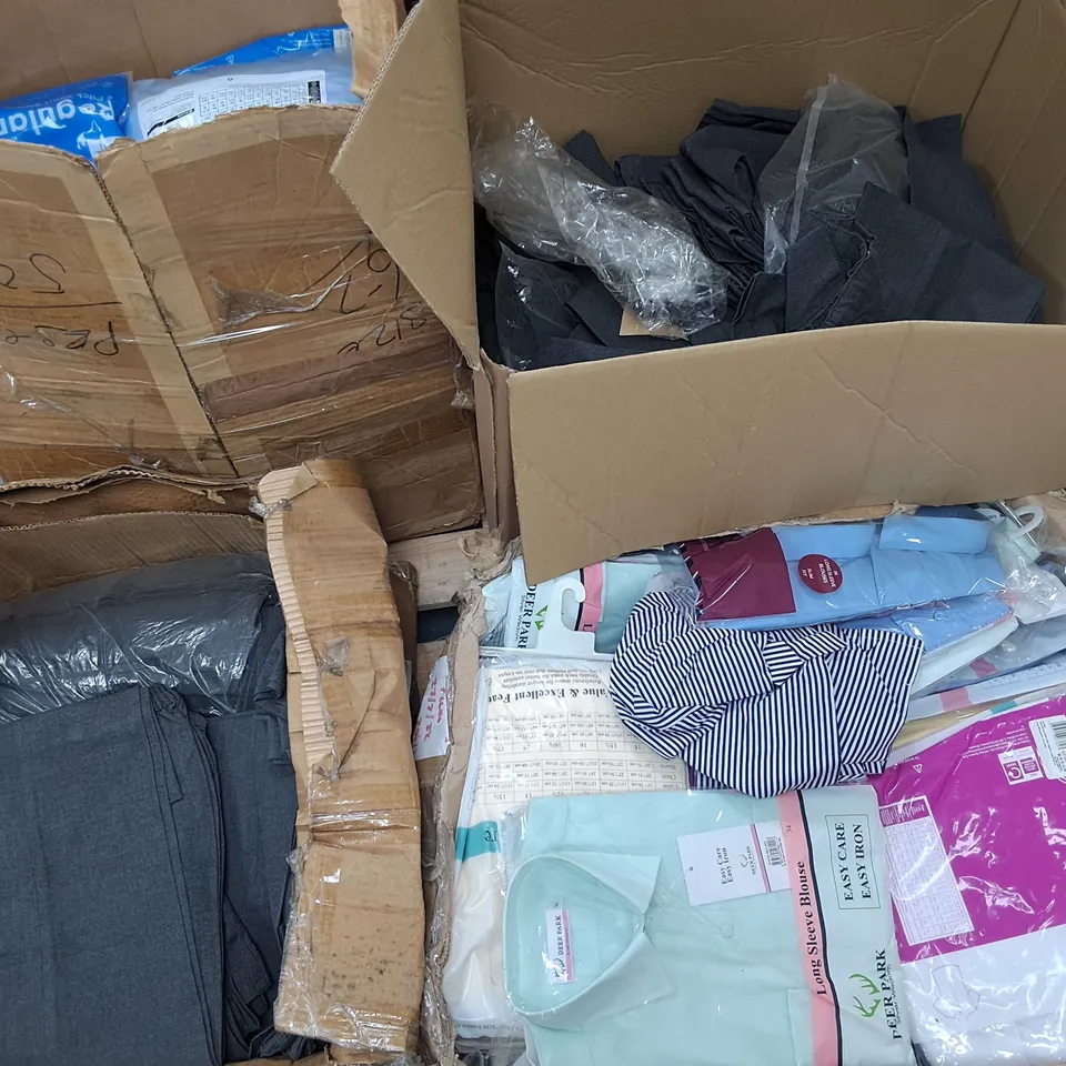 PALLET CONTAINING APPROXIMATELY 200 SCHOOL UNIFORM ITEMS TO INCLUDE PACKAGED SHIRTS AND LOOSE TROUSERS - VARIOUS SIZES AND COLOURS