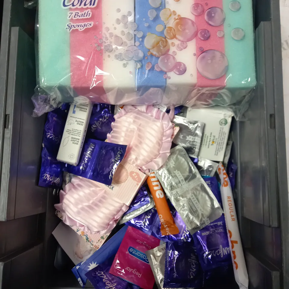 BOX TO CONTAIN A VERY LARGE QUANTITY OF CONDOMS, WOMENS SANITARY PRODUCTS AND HEALTHCARE GOODS. INCLUDES RAZORS, CONDOMS, TOOTH BRUSHES AND SPONGES
