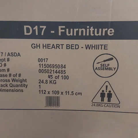 BRAND NEW BOXED 3FT SINGLE GH HEART BED - WHITE (1 BOX)