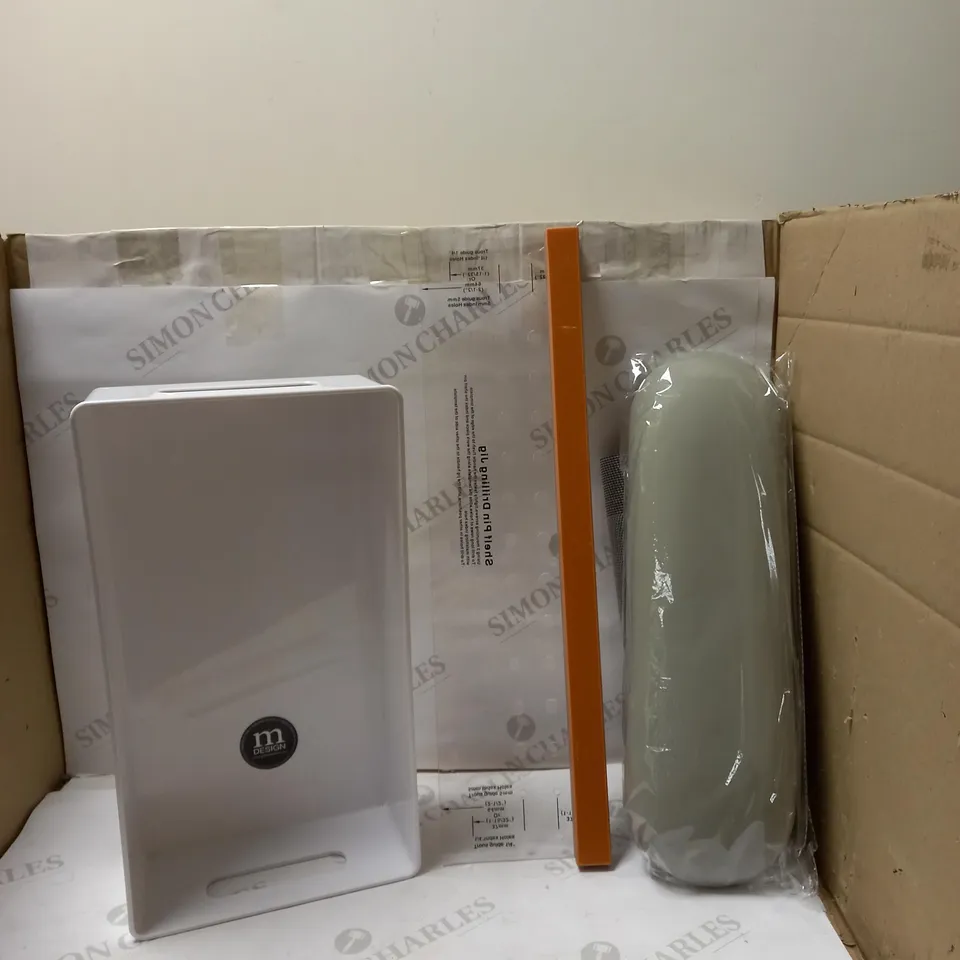 LARGE BOX OF ASSORTED ITEMS TO INCLUDE NAIL CUSHIONS, DRILL HOLE GUID AND OFFICE BINS