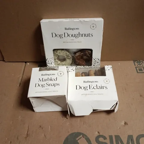 3 X RUFFINGTONS DOG TREATS TO INCLUDE DOG DOUGHNUTS, DOG ECLAIRS ETC
