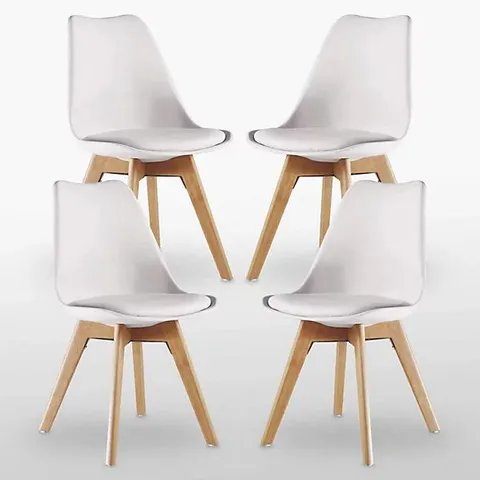 BOXED SET OF 4 SCANDINAVIAN DINING CHAIRS WITH LEATHER CUSHIONS SOLID WOOD LEGS - WHITE (1 BOX)
