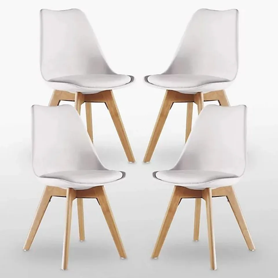 BOXED SET OF 4 SCANDINAVIAN DINING CHAIRS WITH LEATHER CUSHIONS SOLID WOOD LEGS - WHITE (1 BOX)