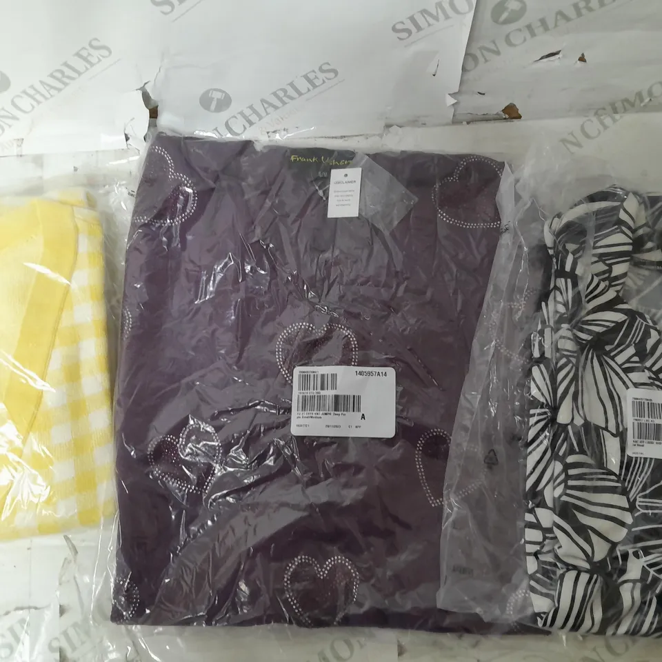 A BOX OF 10 VARIOUS CLOTHING ITEMS TO INCLUDE A YELLOW AND WHITE CARDIGAN A FRANK USHER PURPLE TOP AND A KIM&CO. BLACK AND WHITE LEAF DESIGN TOP 