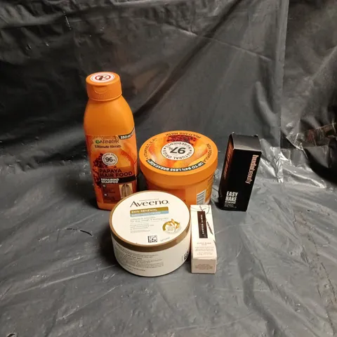 APPROXIMATELY 15 ASSORTED ITEMS OF COSMETICS INCLUDING AVEENO SKIN RENEWAL SMOOTHING CREAM, GARNIER PAPAYA HAIR FOOD, FENTY BEAUTY GLOSS BOMB STIX AND HUDA BEAUTY EASY BAKE SETTING SPRAY