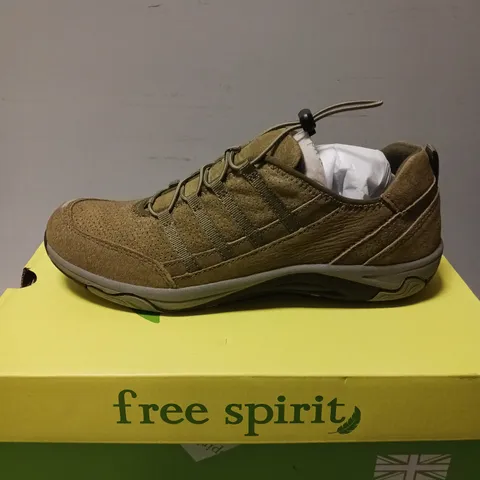 BOXED PAIR OF FREE SPIRIT SUEDE LACE TRAINERS, OLIVE - UK SIZE 7