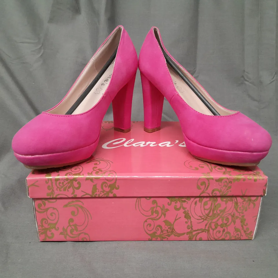 BOXED PAIR OF CLARA'S CLOSED TOE HIGH HEEL SHOES IN FUCHSIA 36