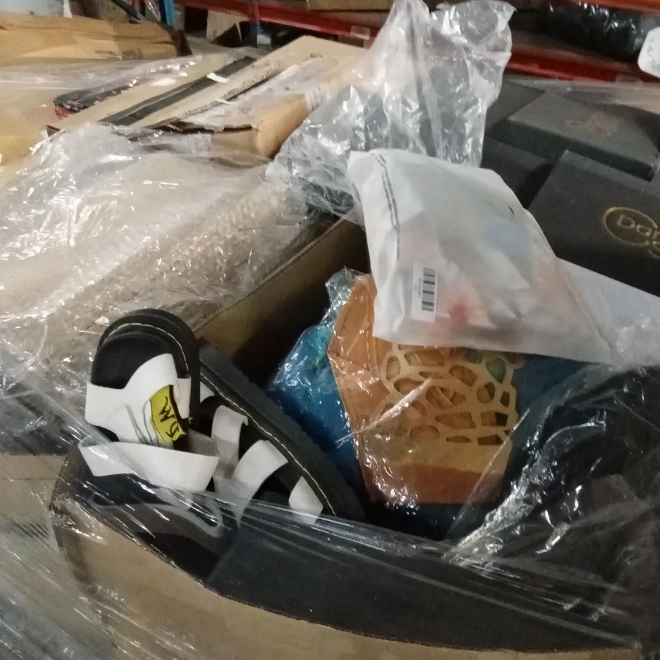 PALLET OF ASSORTED HOUSEHOLD GOODS AND PRODUCTS TO INCLUDE; SHOES, PET PRODUCTS, KETTLE ETC