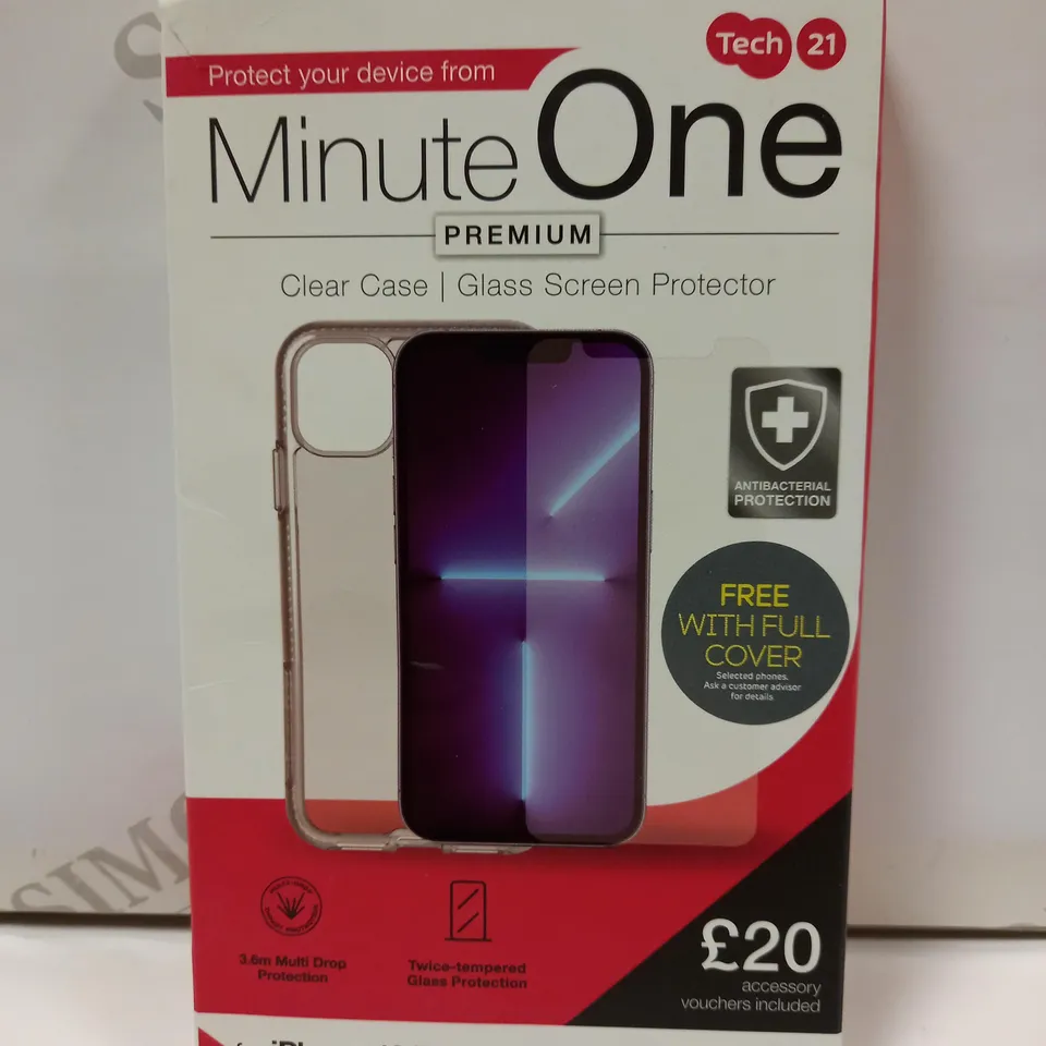 BOX OF APPROX 20 TECH 21 MINUTE ONE PREMIUM PHONE CASE AND SCREEN PROTECTOR FOR ASSORTED PHONES