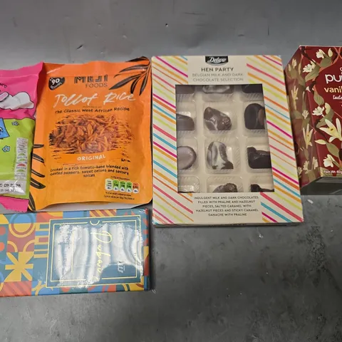 APPROXIMATELY 16 ASSORTED FOOD ITEMS TO INCLUDE - PERCY PIG , PUKKA VANILLA CHAI , HEN PARTY ETC