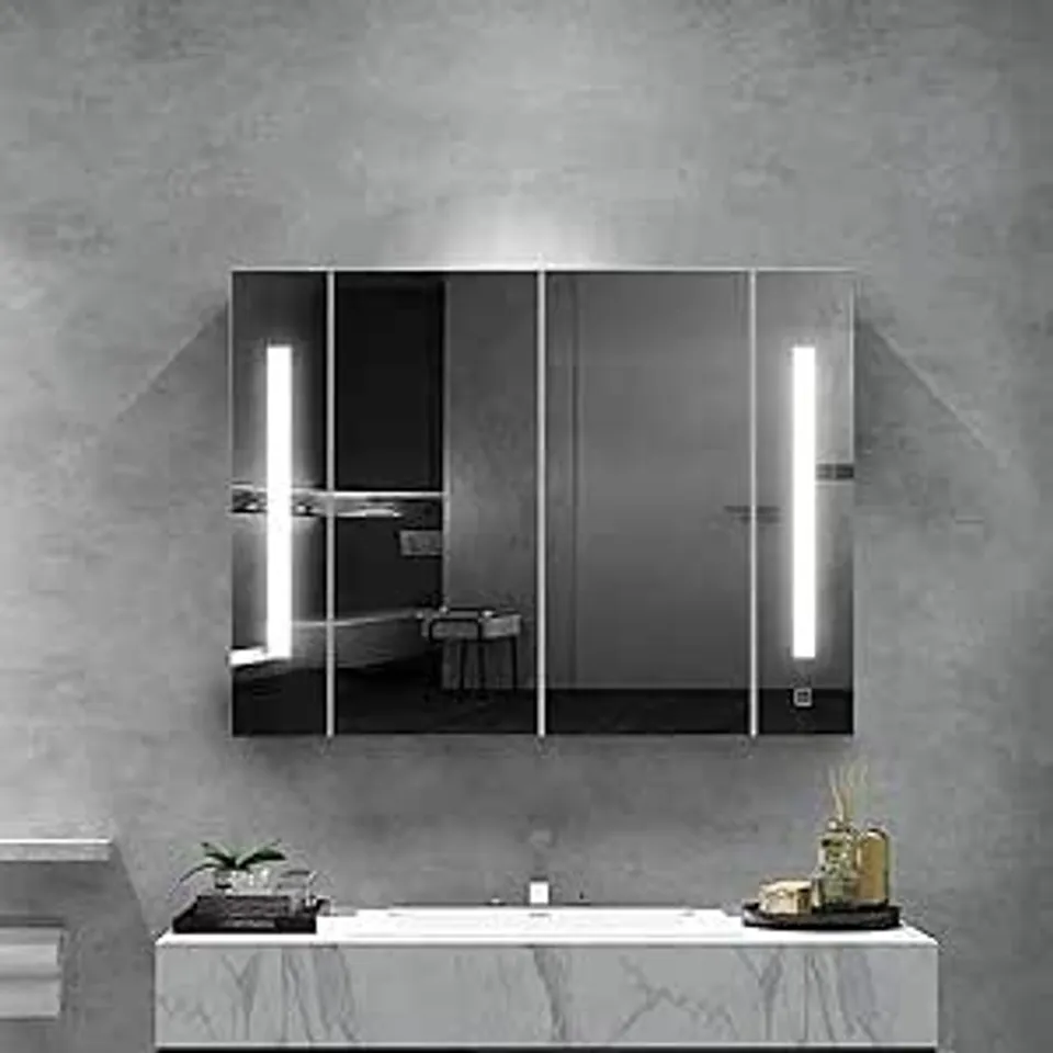 OFCASA 2 DOORS BATHROOM MIRROR CABINET WITH LED LIGHTS - WALL MOUNTED STORAGE WITH ADJUSTABLE SHELVES (1 BOX)