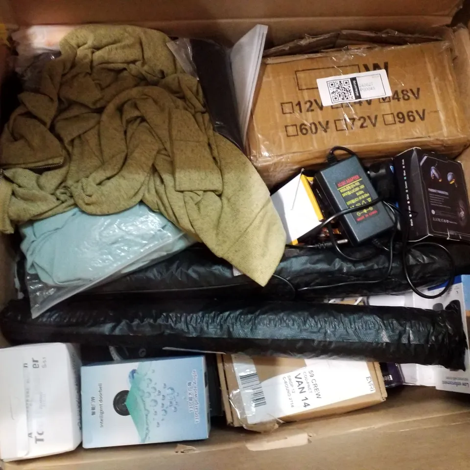 BOX CONTAINING ASSORTED PRODUCTS INCLUDING WIRELESS HEADSET, DASHCAMS, ELECTRIC HAIR CLIPPERS, ASSORTED CLOTHING 