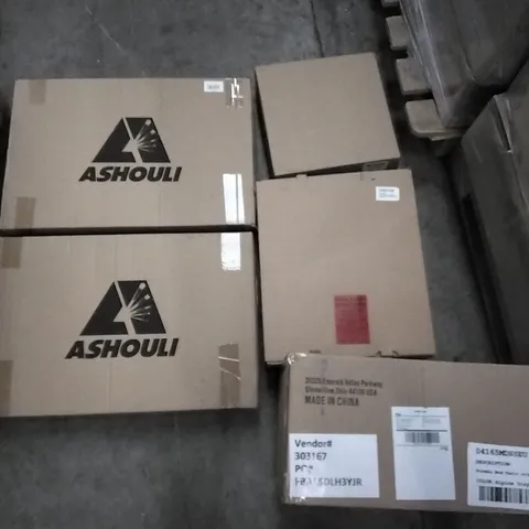 PALLET OF ASSORTED ITEMS INCLUDING ASHOULI, FRONT DIP BINS, FORMBU END TABLE WITH DRAWER, REDWOOD TALL WIND BREAK, M DESIGN TOWEL STORAGE RACK