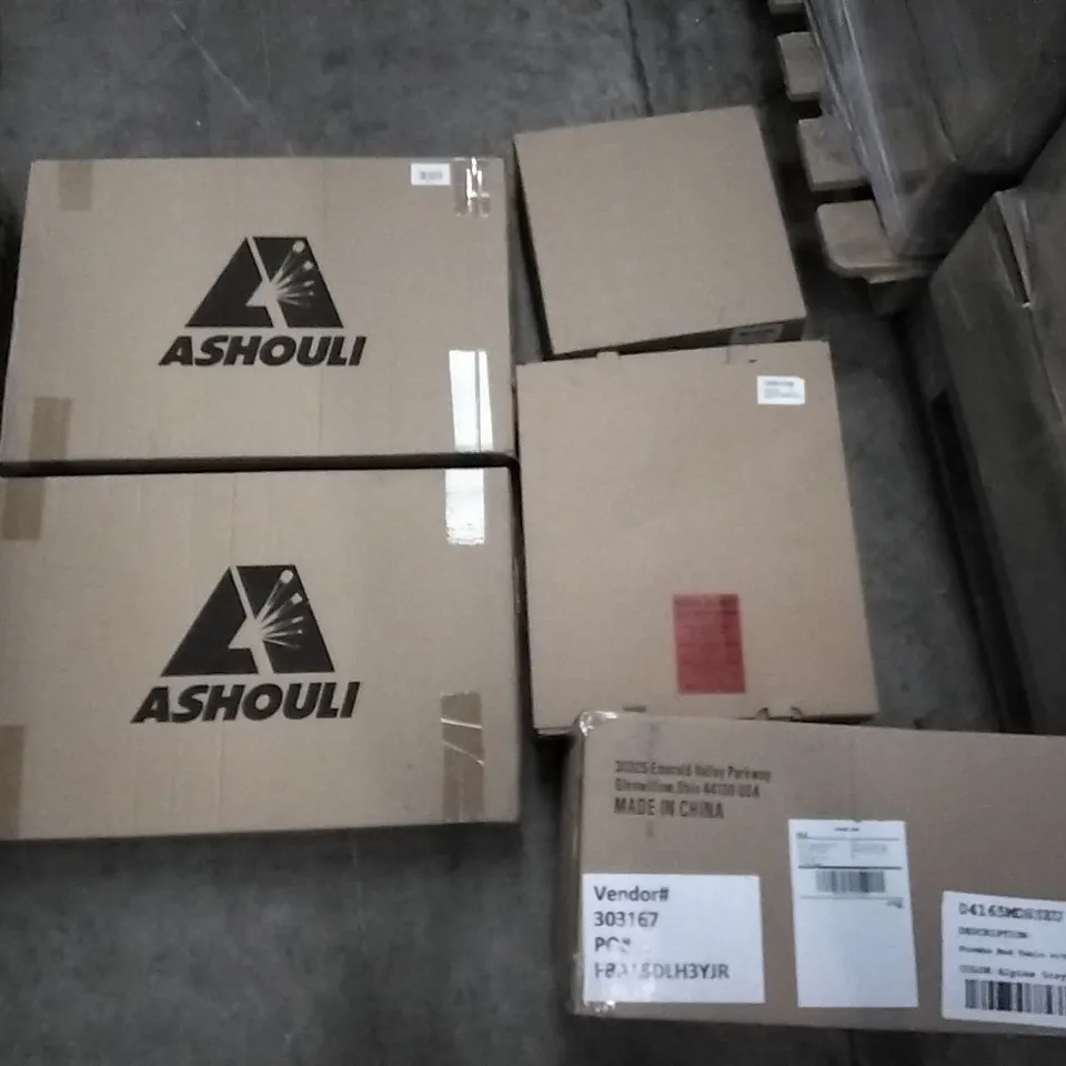 PALLET OF ASSORTED ITEMS INCLUDING ASHOULI, FRONT DIP BINS, FORMBU END TABLE WITH DRAWER, REDWOOD TALL WIND BREAK, M DESIGN TOWEL STORAGE RACK