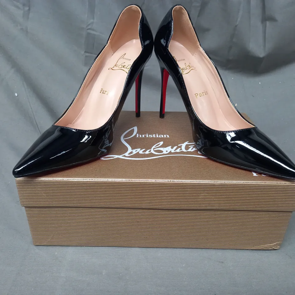 BOXED PAIR OF CHRISTIAN LOUBOUTIN POINTED TOE HEELED SHOES IN GLOSSY BLACK EU SIZE 38