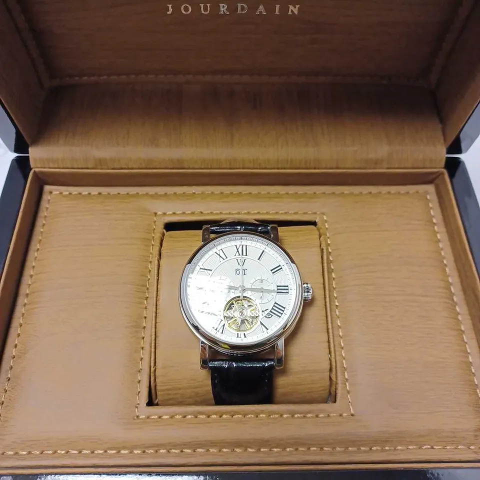 WILLIAM JOURDAIN PART SKELETON WAVE DIAL BLACK LEATHER STRAP WATCH