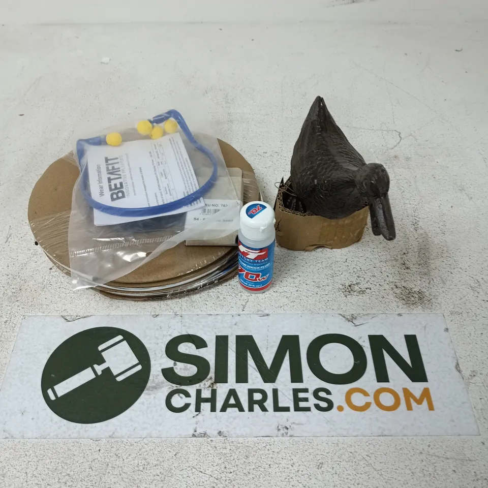 APPROXIMATELY 12 ASSORTED HOUSEHOLD ITEMS TO INCLUDE SILICONE SHOCK FLUID, ASCALON CAST IRON DUCK, ETC