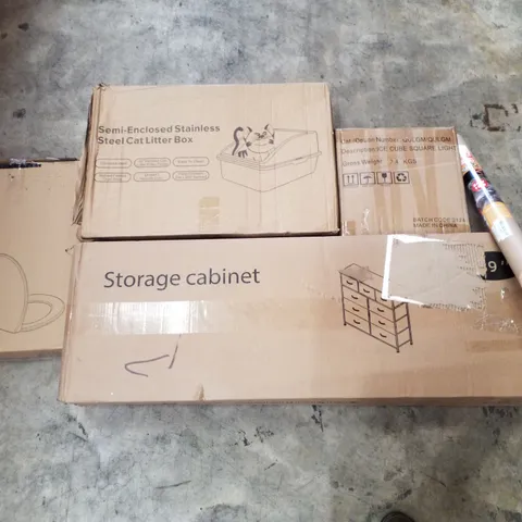 PALLET CONTAINING ASSORTED PRODUCTS INCLUDING STORAGE CABINET, STAINLESS STEEL CAT LITTER BOX, ICE CUBE SQUARE LIGHT, DESERT TERRARIUM LIGHT & TOILET SEATS