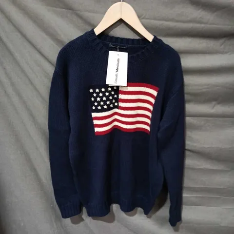 BRANDY MELVILLE NAVY KNIT SWEATER WITH USA FLAG – SIZE SMALL/MEDIUM (UK S/M) 