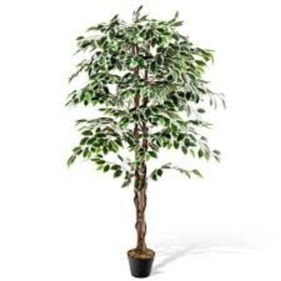 BOXED COSTWAY ARTIFICIAL FICUS TREE TALL FAUX INDOOR PLANT WITH NATURAL WOOD TRUNK