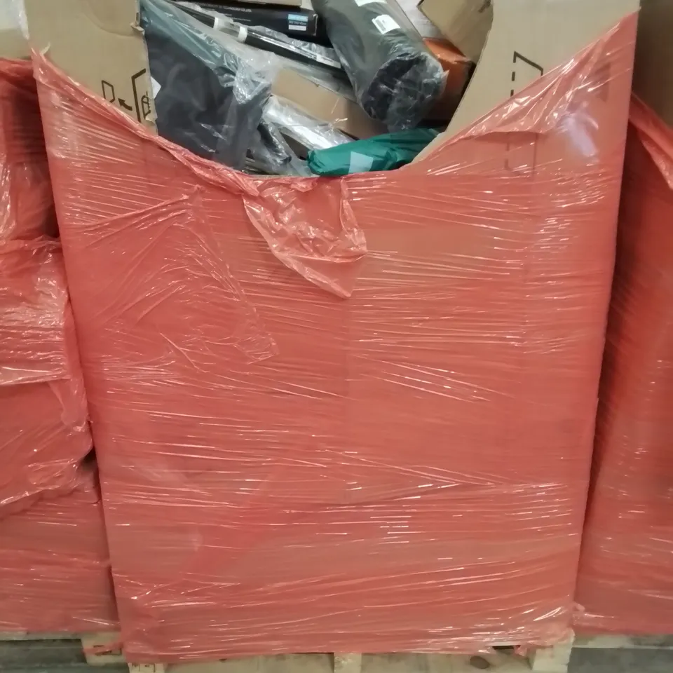 PALLET CONTAINING VARIOUS ASSORTED BOXED HOUSEHOLD ITEMS TO INCLUDE: ACROSS SUPPORT POLES HEDGE CLIPPERS, LIGHTS  AND LOTS MORE UNMARKED BOXED ITEMS 