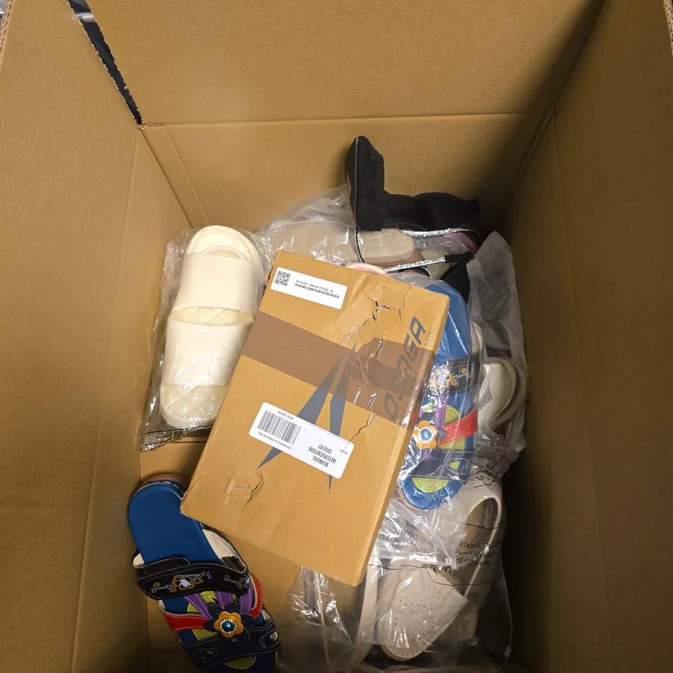 BOX OF APPROXIMATELY 15 ASSORTED SHOES IN VARIOUS COLOURS, STYLES AND SIZES