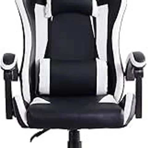 BOXED OFCASA WHITE BLACK GAMING OFFICE CHAIR, ERGONOMIC RACING COMPUTER SWIVEL CHAIR WITH HEADREST LUMBAR SUPPORT HEIGHT ADJUSTABLE FAUX LEATHER RECLINING DESK CHAIR 