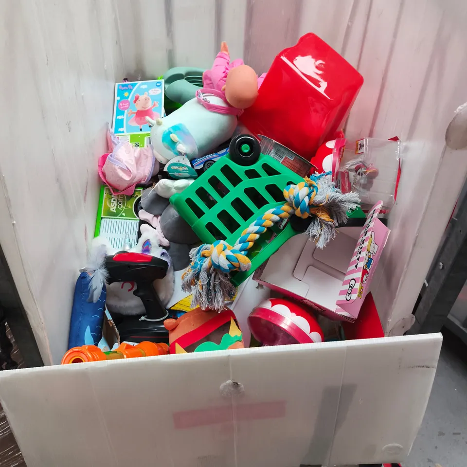 CAGE CONTAINING A LARGE QUANTITY OF KIDS TOYS AND GAMES TO INCLUDE DECRATIVE GLOBE , POP BLASTERS , TOY BODY ART , WOBBLE WAG DOG TOY , ETC 