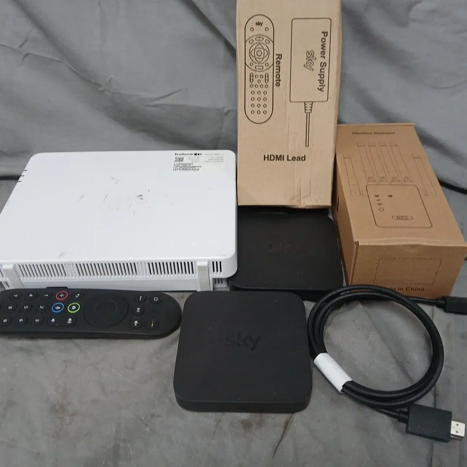APPROXIMATELY 20 ASSORTED HOUSEHOLD ITEMS TO INCLUDE SKY BOX, ADPATERS AND SKY REMOTE